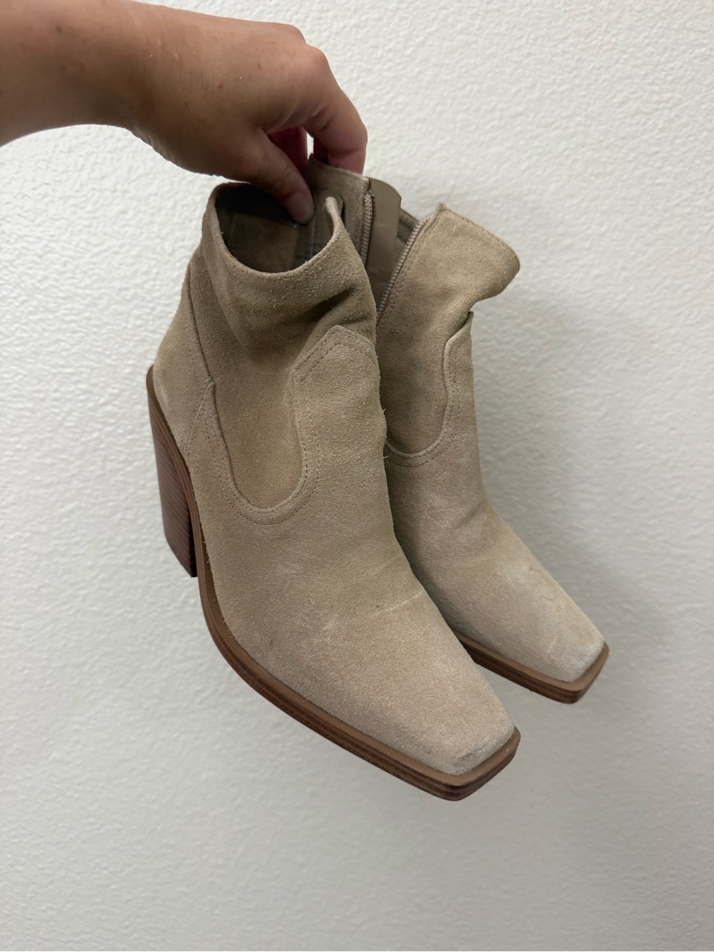 Vince Camuto Beige Suede Ankle Booties with Block Heel